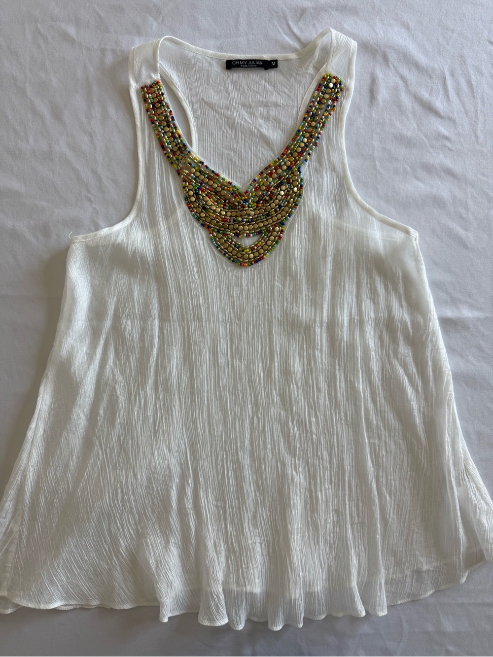 OH MY JULIAN INC. Cream Tank with Multicolor Beaded Bib